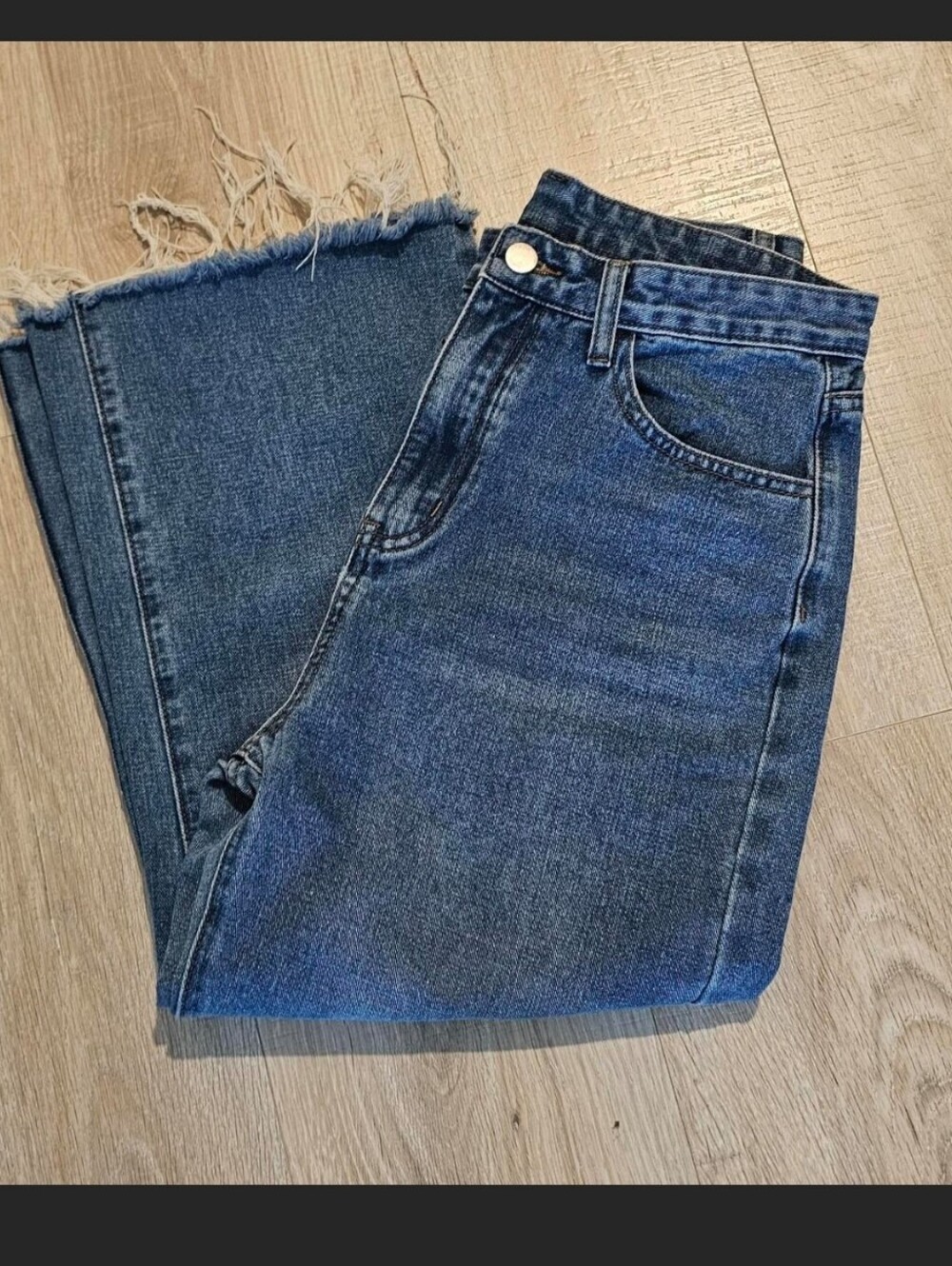 Cider Women's Straight Leg Baggy Fit Dark Blue Frayed Hem Jeans